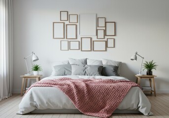 Modern bedroom interior with a gallery wall and cozy blanket