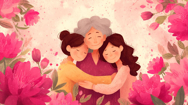 Grandmother Hugging Daughters Surrounded by Pink Flowers Art Illustration