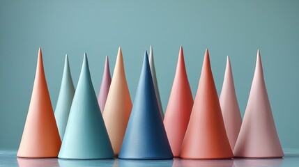 Row of colorful cones on teal background
