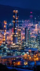 Fototapeta premium A vibrant industrial landscape at night, showcasing illuminated structures and smokestacks against a dark sky.