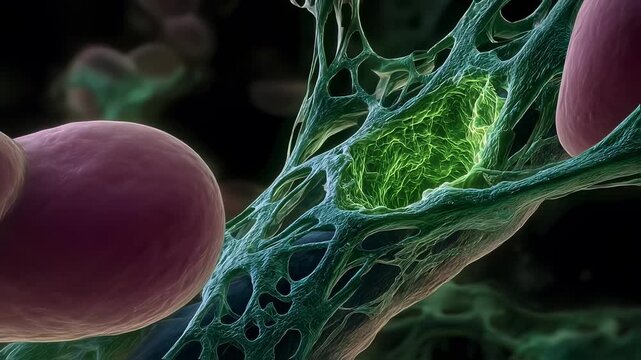 Digital rendering of glowing green microbial biofilm formation on cardiac valve surface highlighting persistent Qfever endocarditis pathology.