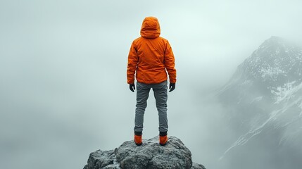 Man in vibrant orange jacket stands atop misty mountain peak contemplating landscape