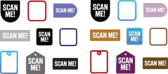 Collection of scan me qr code buttons and tags in various colors