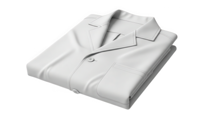 A crisp white folded lab coat with a pointed collar and button closure isolated on transparent background
