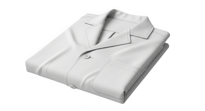 A crisp white folded lab coat with a pointed collar and button closure isolated on transparent background