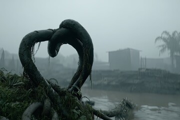 Fototapeta premium Heart-shaped, intertwined, weathered wood, knot, against a misty, rural landscape