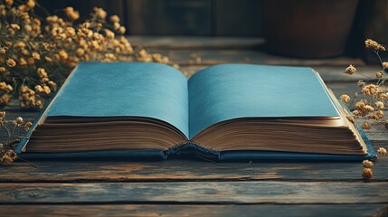 Open vintage book with blank pages and dried flowers on rustic wooden table creating a nostalgic