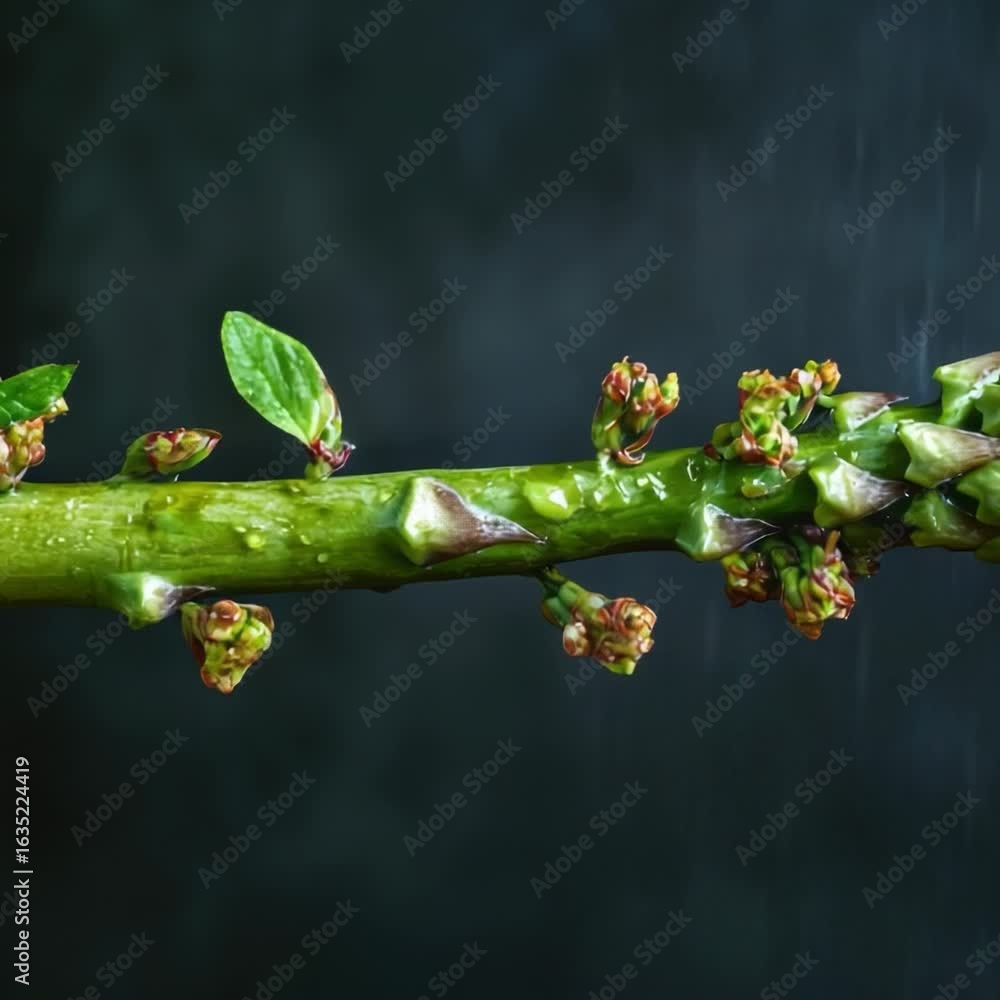 Poster a small twig is attached to the branch of another twig, surrounded by lush green leaves