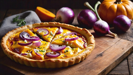 Pieces of tarte flambee with pumpkin, red onions and cheese on a rustic wooden table 