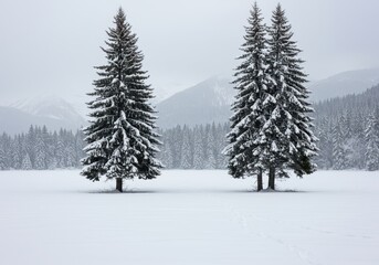Two snowcovered pine trees in a vast winter landscape with mountains