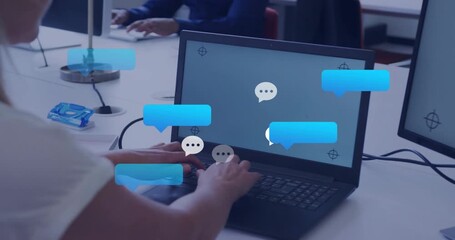 Woman typing on laptop keyboard, generating floating chat bubbles for business messages - Powered by Adobe