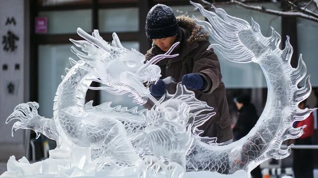Japanese ice sculpture carving dragon at festival 4K Videos