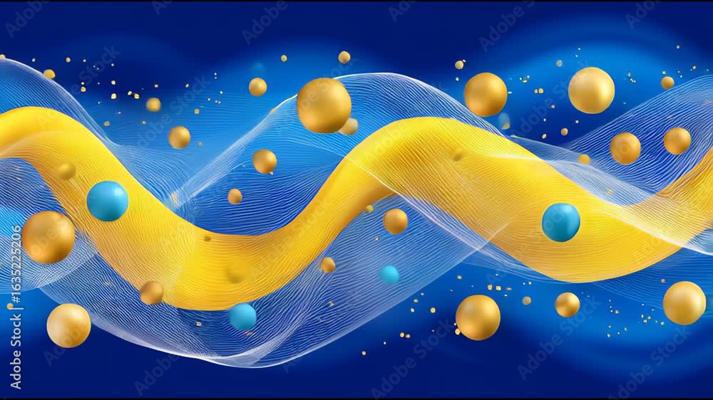 Poster abstract digital art featuring flowing yellow and white wave ribbons intertwined with floating blue 