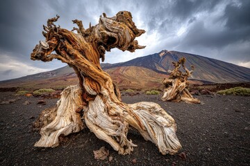 Twisted gnarled trees on volcanic landscape, dramatic sky