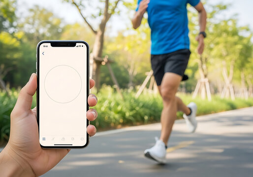 Man jogging outdoors, smartphone tracks fitness progress.