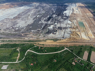 The abandoned, dead city near the Kolubara pit on coal mining by the open way. Drone view...
