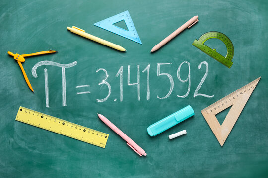 Number Pi and school stationery on green chalkboard - Powered by Adobe