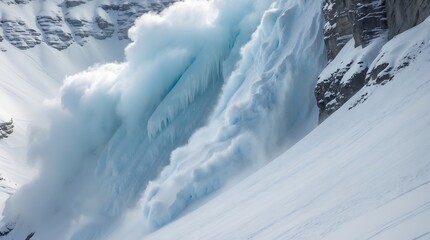 Majestic frozen waterfall cascading down a snow covered mountain slope