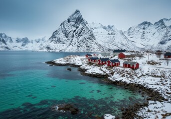 Norwegian coastal village with red houses in winter landscape