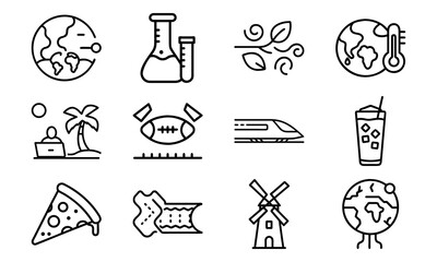 Assorted Modern Line Icons Representing Global Warming, Science, Remote Work, Food, Travel, Sports, and Sustainability Concepts