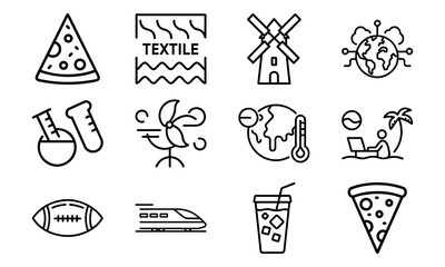 Assorted Modern Line Icons Representing Global Warming, Science, Remote Work, Food, Travel, Sports, and Sustainability Concepts