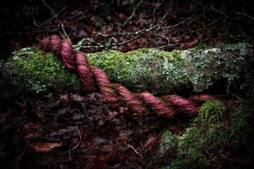 Twisted rope on mossy log in forest floor
