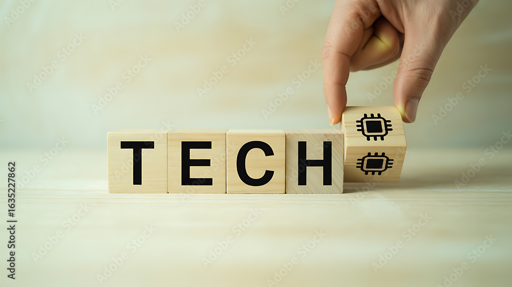 Aufkleber hand placing a cube with a microchip symbol on wooden blocks spelling out tech representing technolo