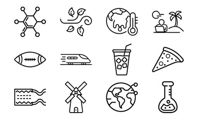 Assorted Modern Line Icons Representing Global Warming, Science, Remote Work, Food, Travel, Sports, and Sustainability Concepts