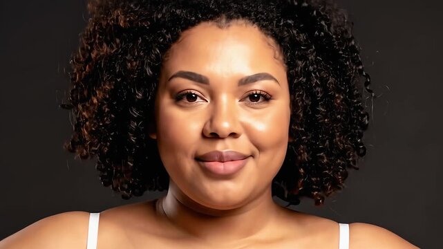 Plus size woman smiling in white bra