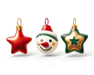 Festive Holiday Ornaments Red Star Snowman and Green Star Isolated
