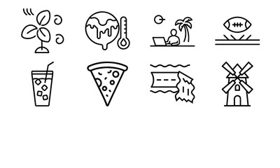 Assorted Modern Line Icons Representing Global Warming, Science, Remote Work, Food, Travel, Sports, and Sustainability Concepts