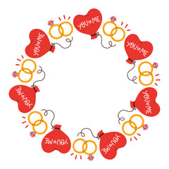 Simple valentines day circle frame. Round love themed border made of different love objects. Pink and red colors happy valentine day hand drawn banner vector isolated on white background.