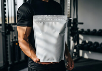 A muscular man holding a white blank supplement bag in a gym setting.
