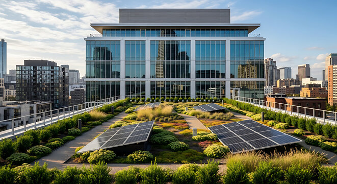 Modern office building with a green roof and solar panels, representing sustainable architecture and renewable energy