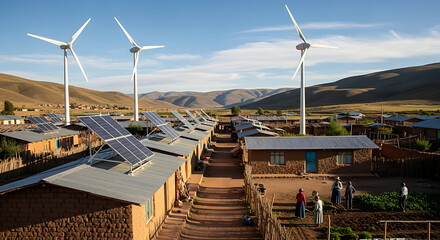 Fototapeta premium A village showcasing eco-friendly initiatives, with solar panels and wind turbines, symbolizing sustainability. A community embraces a greener future