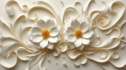 The 3D paper art showcases a sophisticated aesthetic with intricate floral design, featuring two white sculpted flowers with golden-yellow centers, flowing ribbons, swirls, and soft shadows.