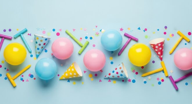 Festive Party Arrangement: Balloons, Hats, Confetti on Light Blue Background
