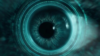 Futuristic digital eye scan with pulsating teal rings tightening in synchronized rhythm depicting glaucoma progression through intraocular pressure.