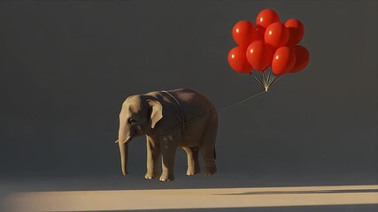 Animated Elephant Floating with Red Balloons Against a Neutral Background