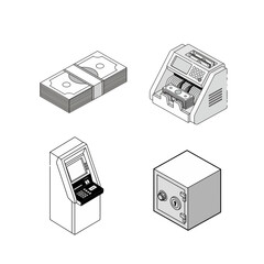 Obraz premium Isometric Icons of Stack of Money, Cash Counter, ATM, and Safe Deposit Box