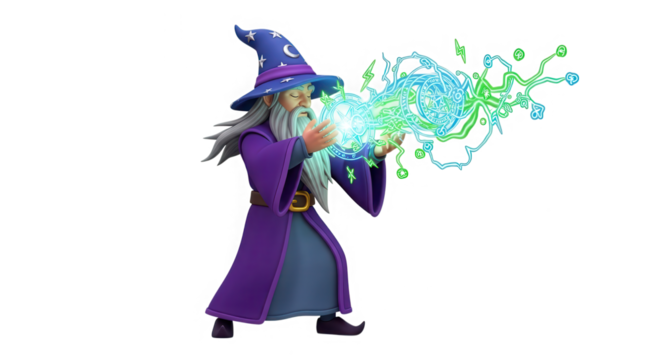 Mystical wizard conjuring bright magical energy with glowing staff and starry hat isolated on transparent background
