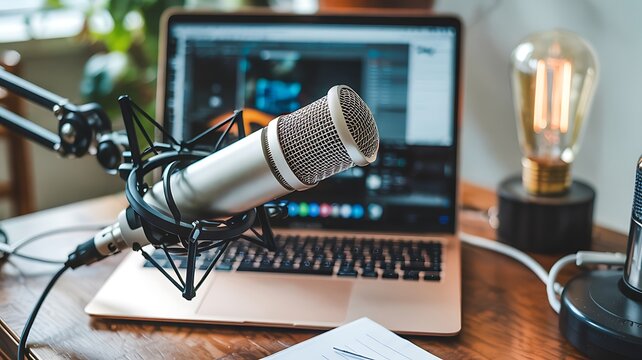 Professional condenser microphone on a boom arm in front of a laptop displaying audio editing software for podcasting or recording