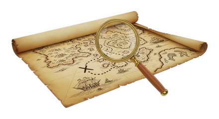 Antique treasure map with a magnifying glass revealing hidden details and a marked treasure location isolated on transparent background
