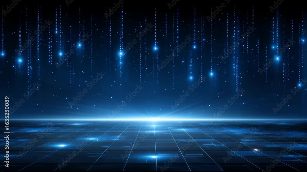 Poster digital technology background featuring glowing blue binary code and futuristic grid floor with dyna