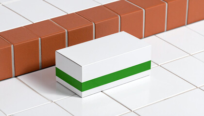 Minimalist Box Amidst Tiles: Clean and simple, a rectangular box with a green accent stripe sits on a grid of white tiles, complemented by a row of brown bricks.