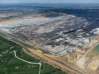 The abandoned, dead city near the Kolubara pit on coal mining by the open way. Drone view...