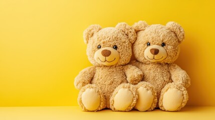 Obraz premium Two cute teddy bears hugging on bright yellow background. Perfect for kids content, friendship, or love concept.