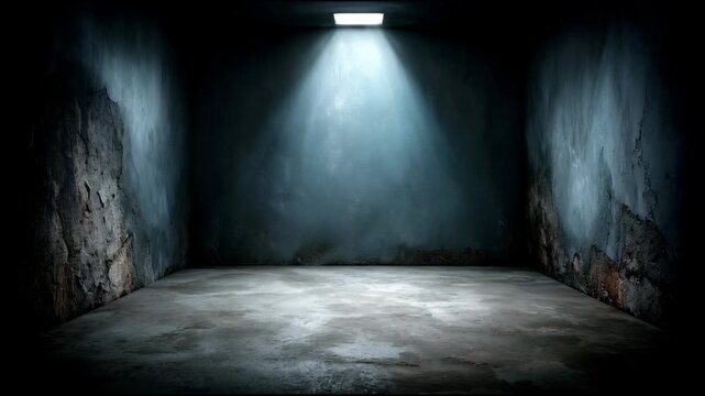 Empty dark room with cracked concrete walls and floor, single ceiling light casting shadows, creating moody eerie atmosphere in abandoned space with shadowed ceiling and cracked wall textures