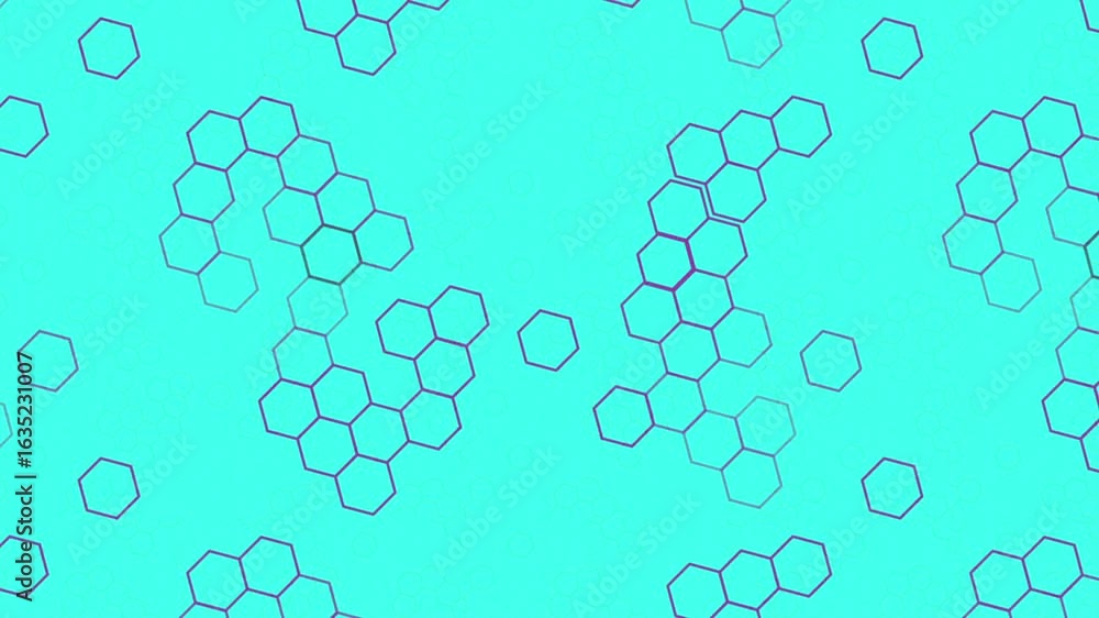 Poster a vibrant turquoise background with a dynamic pattern of purple hexagons that move and change shape