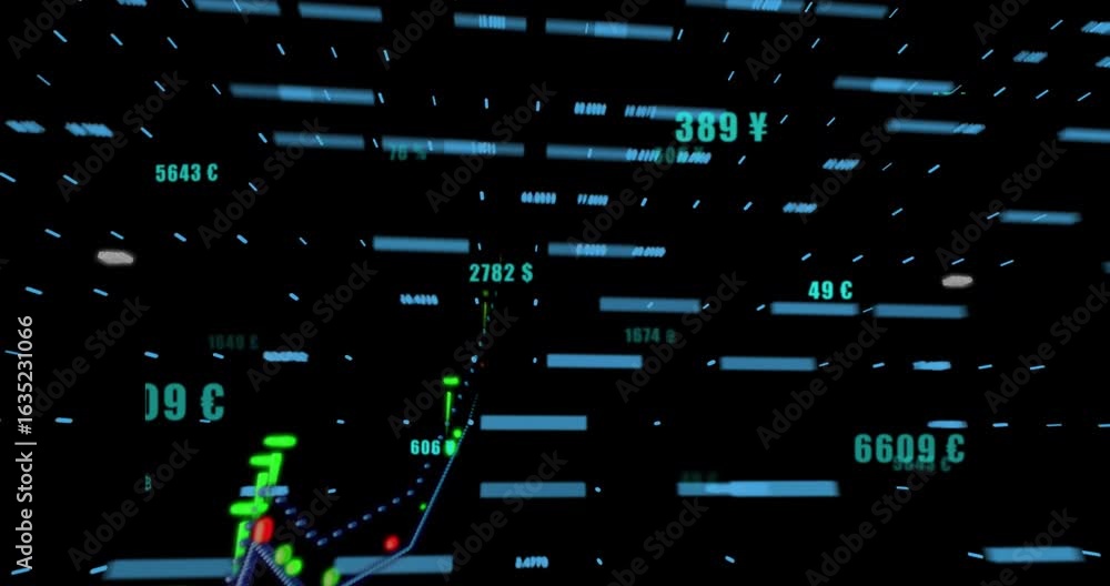 Poster upon loading 3d grid currency symbols drifting over bars and line spiking representing live trends